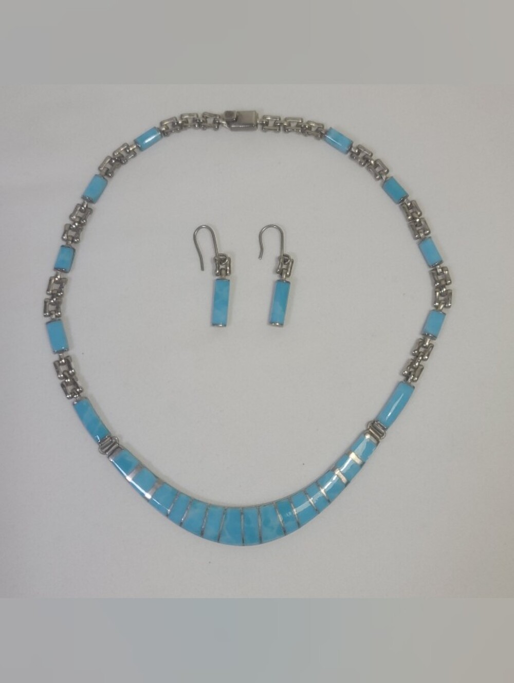 Taxco Mexico Silver 950 Larimar Inlay Necklace & Earrings Jewelry Set